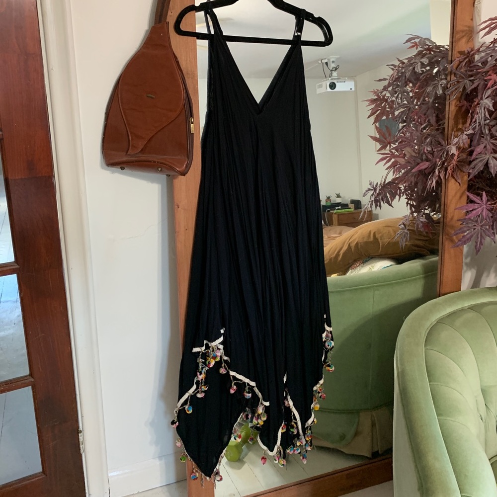 Black maxi dress with pompon trim